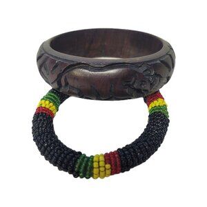 2 Vintage Hand Carved African Rhino Wood Bangle & Beaded Bracelet